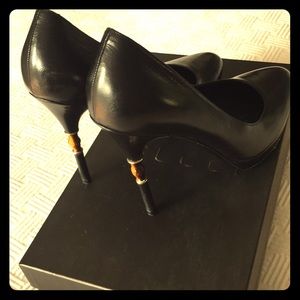 GUCCI 36 1/2 Black Leather Stilettos with Bamboo